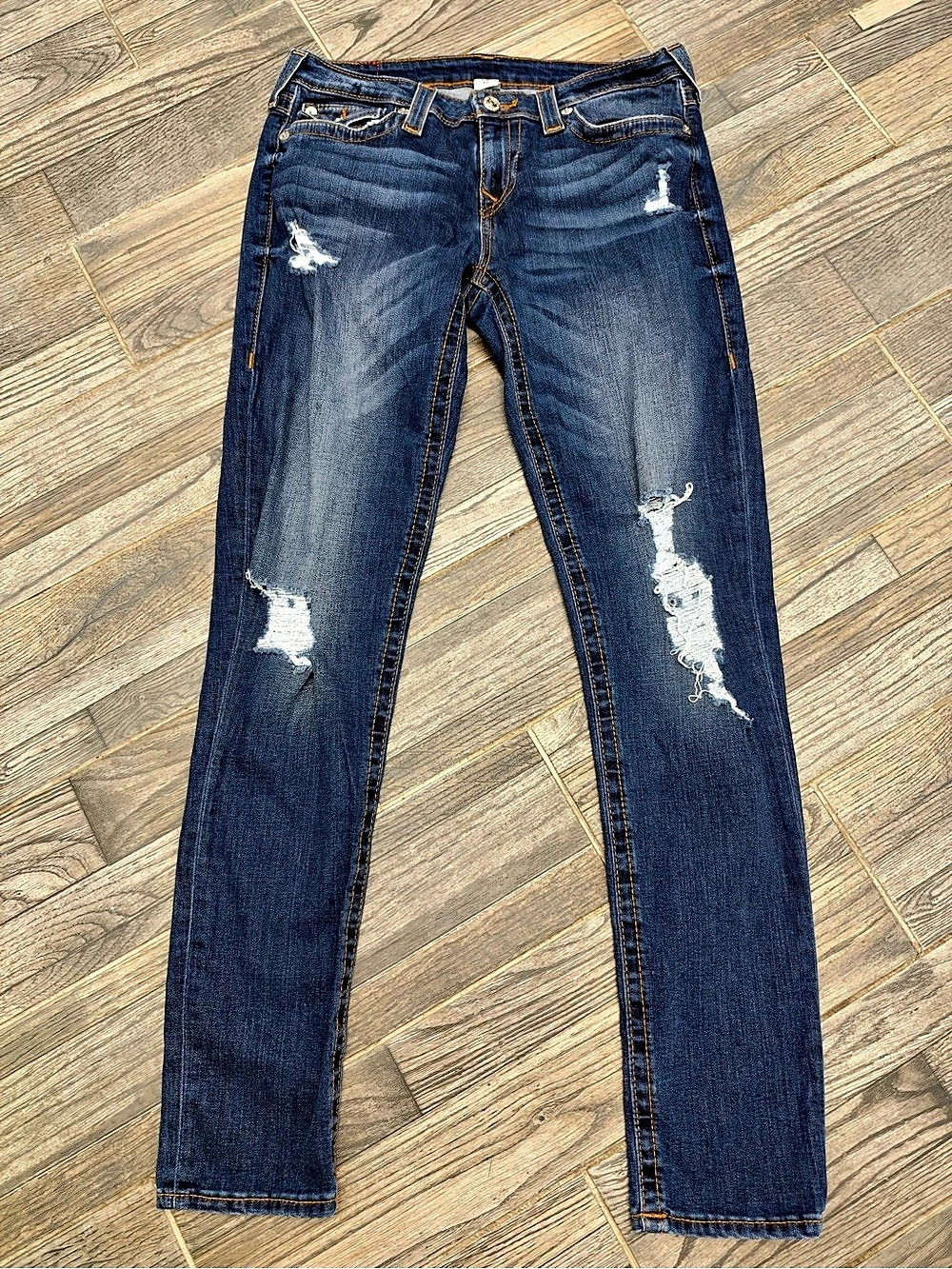 True Religion Jennie Mid Rise Skinny Distressed Skinny Jeans Blue Waist 32